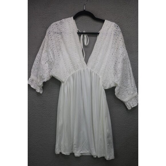 ninexis Dresses & Skirts - Ninexis White Eyelet Short Sleeve Babydoll Mini Dress-Medium-Pockets-Cottagecore